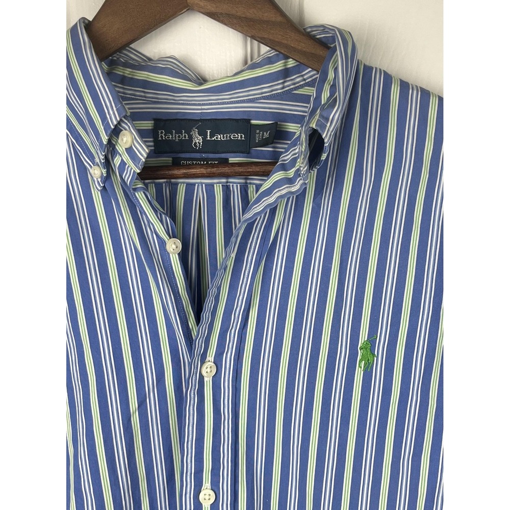 Ralph Lauren Shirt Mens Medium Blue Green Striped‎ Custom Fit Button Down Pony